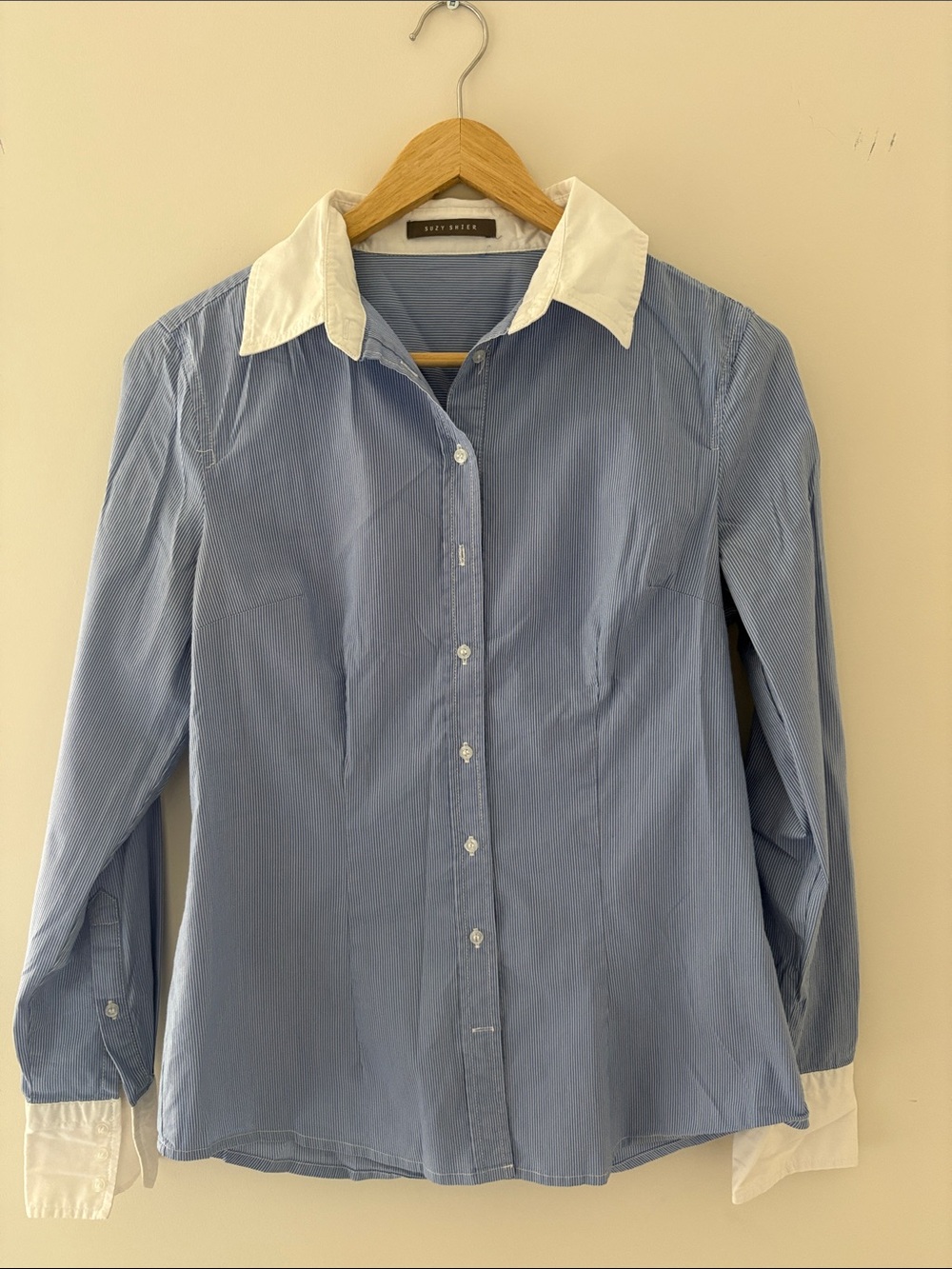 Suzy Shier Blue and White Striped Button-Up Blouse